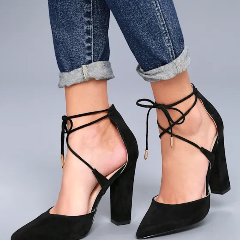 Lulus Luna Black Suede Lace-up Heels - Size 8.5